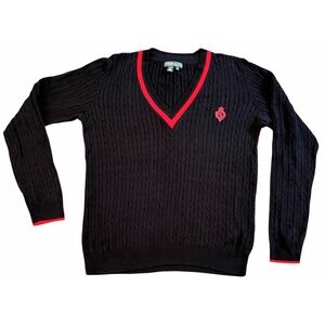 Ralph‎ Lauren Active Cable knit V Neck Embroidered Logo Pullover Navy Red Sz XL